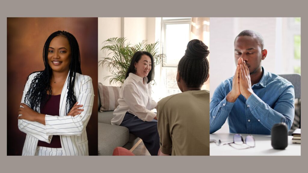 A 3 photo collage of a professional woman, 2 women in a life coaching session and a man with a stressed expression to visually depict -What is Life Coaching?